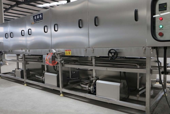 Lavadora industrial para la limpieza continua de contenedores de polipropileno/acero inoxidable